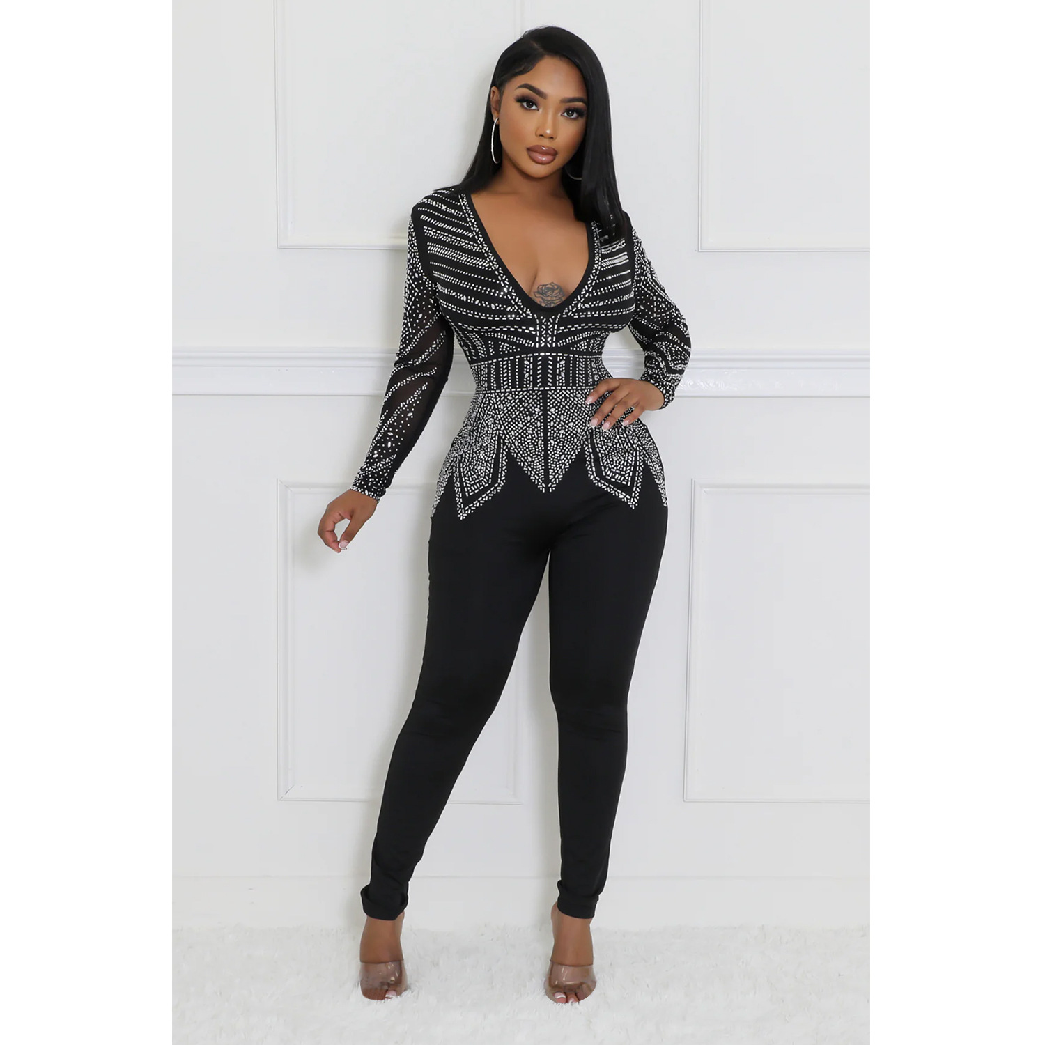 C6875 transfronteriza AliExpress Amazon Europa y América de las mujeres de color sólido V cuello taladro caliente pantalones de manga larga