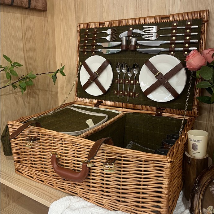 Comercio exterior personalizado canasta de picnic de caña aislamiento frutas cubiertos cesta de almacenamiento alfombra cesta de compras canasta de picnic de sauce de mano