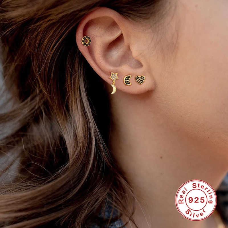 Fashion Star Moon Heart Shape Sterling Silver Inlay Ear Studs 1 Piece