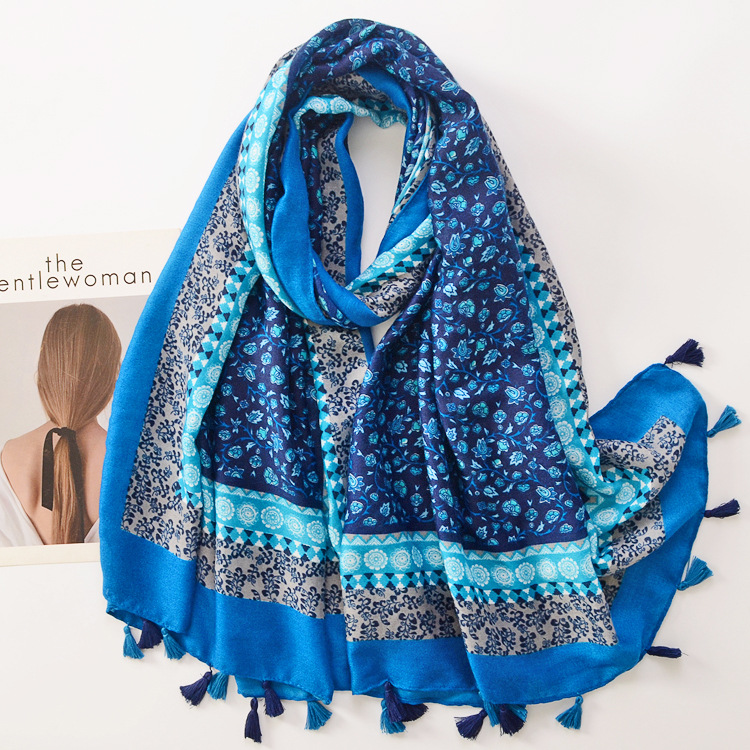 Otoño e invierno nuevo algodón y lino sensación bufanda de seda costura floral largo hecho a mano borla chal viaje protección solar bufanda caliente