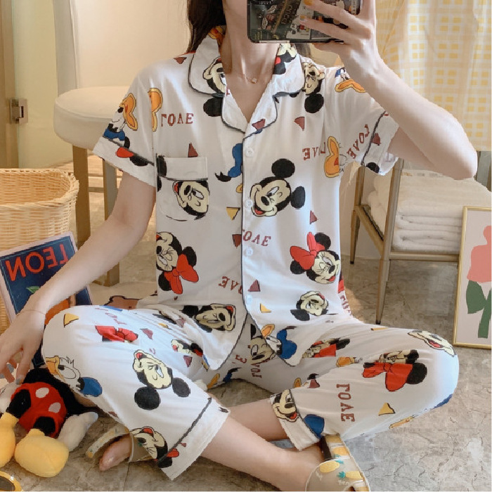 Pantalones de manga corta pijamas de las mujeres de verano estilo coreano ins cardigan leche traje de seda hogar ocio dibujos animados estudiante fuera image 11