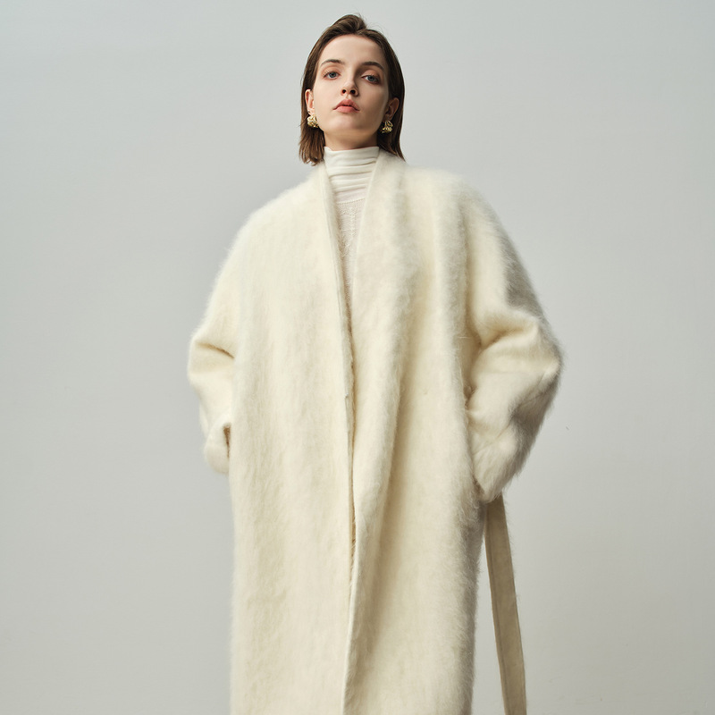 [Original] Fur-Like, Quiet and Luxurious, Lazy Style Wool Coat for Women, Long-Haired Bathrobe with Tie, Brushed Woolen Coat