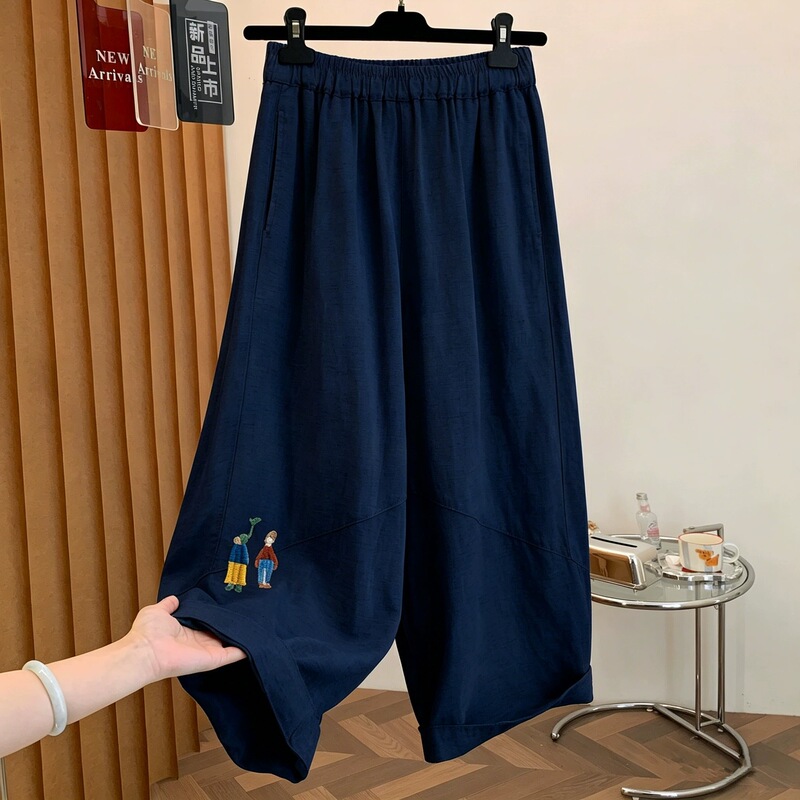 Cotton-linen blend 26 new model 120kg extra-large size cropped pants for petite individuals, loose-fitting drawstring wide-leg pants, curved-leg pants for plus-size women Cotton-linen blend 26 new model 120kg extra-large size cropped pants for petite individuals, loose-fitting drawstring wide-leg pants, curved-leg pants for plus-size women