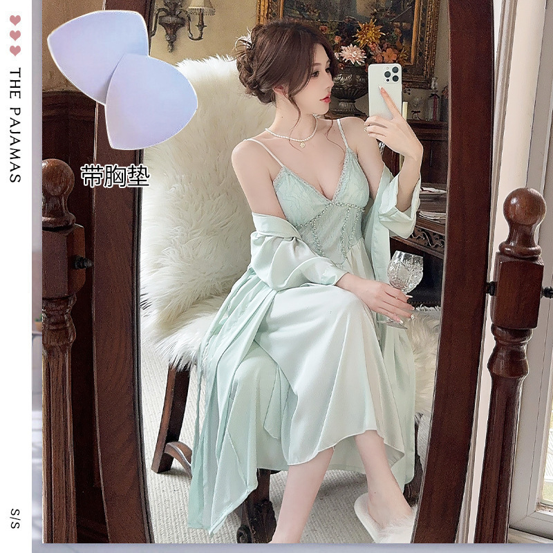 New Arrival Pajamas Women's Spring and Summer Ice Silk Light Luxury Goddess Elegant Strap Outer Robe Two-Piece Set Pearl Nightgown Home Clothes