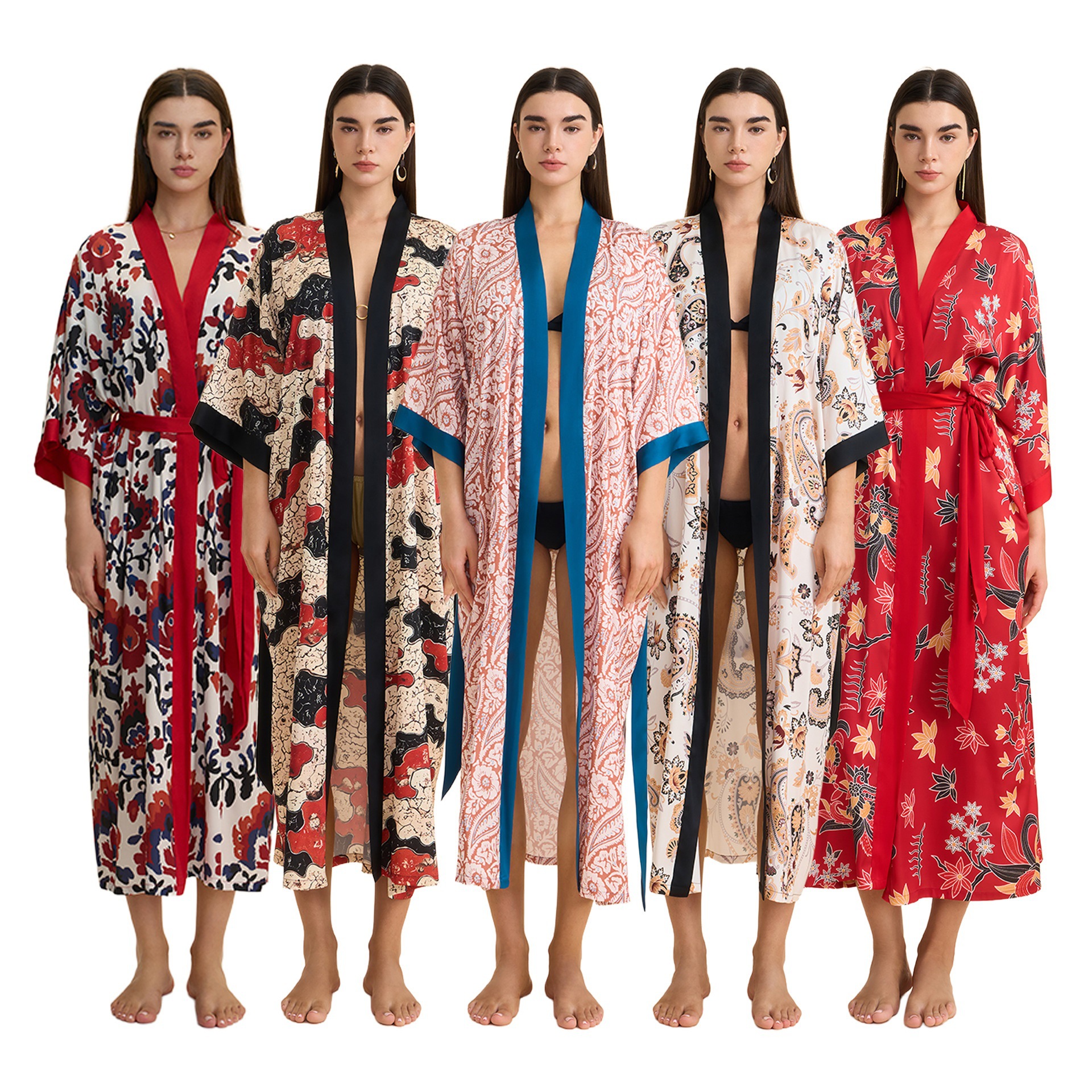 Europa y América pijamas damas primavera y otoño satén chiffon bata de baño impresión desordenada bata de dormir cómoda ropa larga para el hogar WP3976