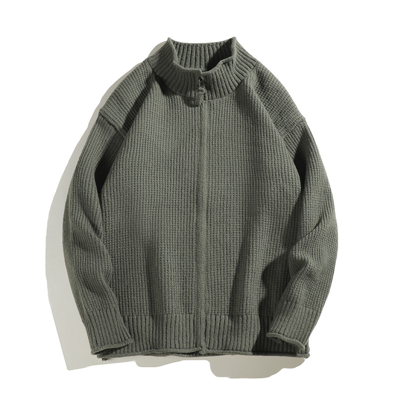 Otoño y invierno suéter de cuello medio alto para hombres de alto nivel cardigán chaqueta de hombre coreano de color sólido suelto con cremallera jersey