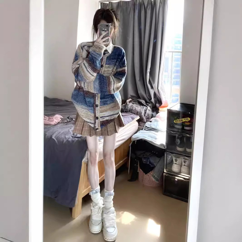 American Knitted Cardigan Loose Retro Lazy Style Oil Painting Rainbow Stripe Gradient Long Sleeve Spring and Autumn Sweater Coat for Women