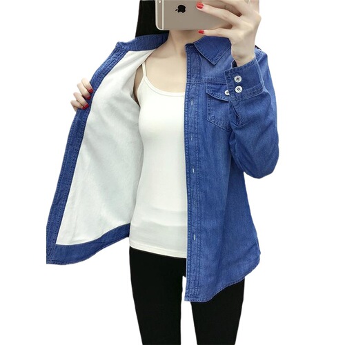 Velvet shirt, women's long-sleeved students 'spring and autumn new shirt, denim coat, thickened base shirt, warm top
