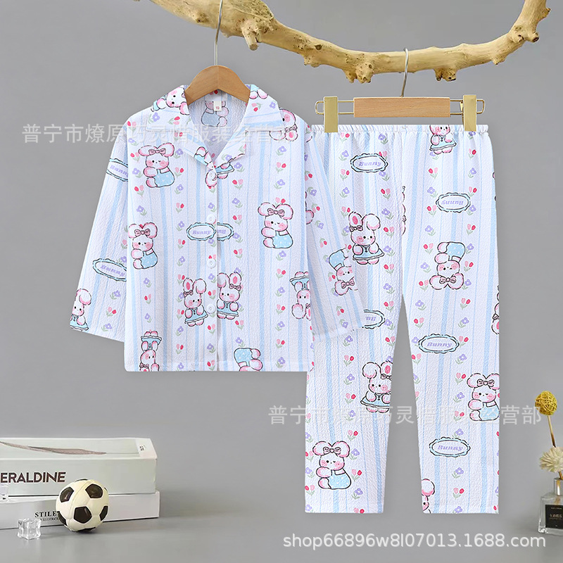 Pijama de niñas primavera y otoño dibujos animados tela espuma de tela delgada manga larga lindo ropa para niños de tamaño medio y grande ropa para el hogar