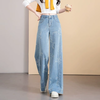 蓝色提花阔腿牛仔裤女2026年春季新品高腰窄版宽松显瘦时尚直筒裤