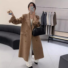 2024秋冬新款过膝加长款修身气质长毛人字纹双面呢羊毛大衣女外套