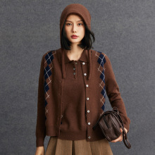 山羊绒女士圆领棱格拼色复古宽松休闲简约针织衫秋冬季新款羊绒衫