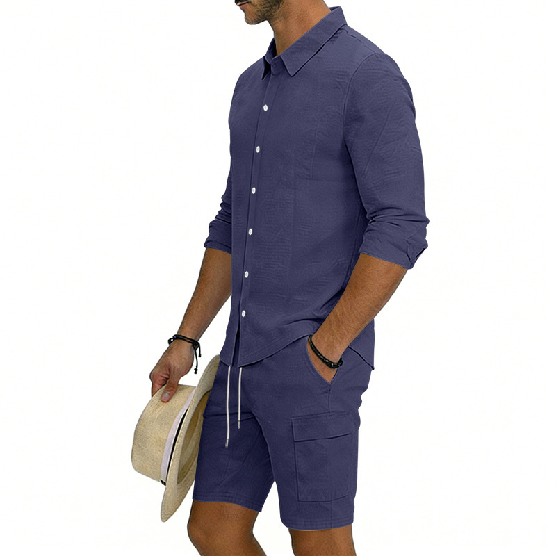 Summer Men's Linen Long Sleeved Shirt Casual Loose Fit Style With Multi Pockets Cargo Shorts Set_viptrois.com
