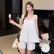 喔密哒薄款吊带睡衣女款夏性感提花棉甜美公主风带胸垫套装家居服