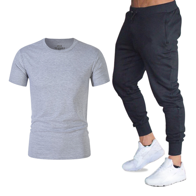 Traje de verano, ropa deportiva, conjunto de dos piezas de camiseta holgada de manga corta y pantalones largos para hombre, camiseta Gildan deportiva de moda