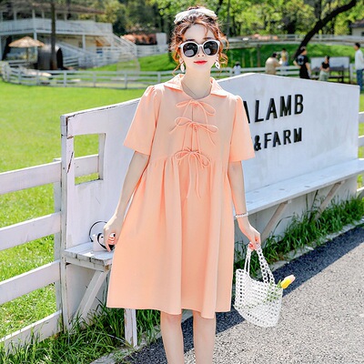 孕婦裝夏季韓版時尚純色翻領蝴蝶結系帶中長款孕婦連衣裙XF-2125