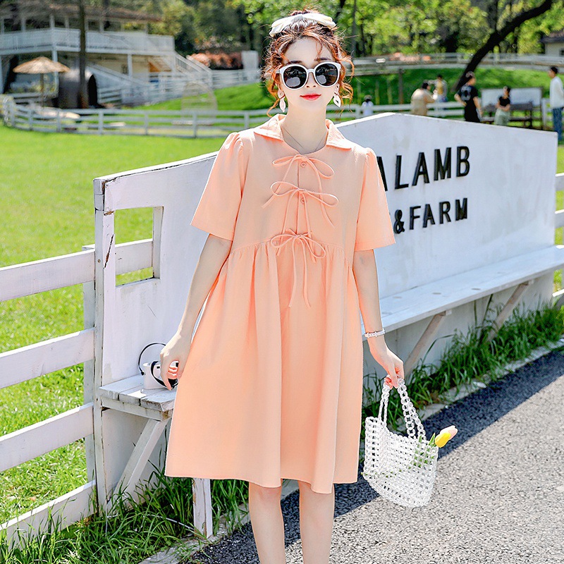 孕婦裝夏季韓版時尚純色翻領蝴蝶結系帶中長款孕婦連衣裙XF-2125