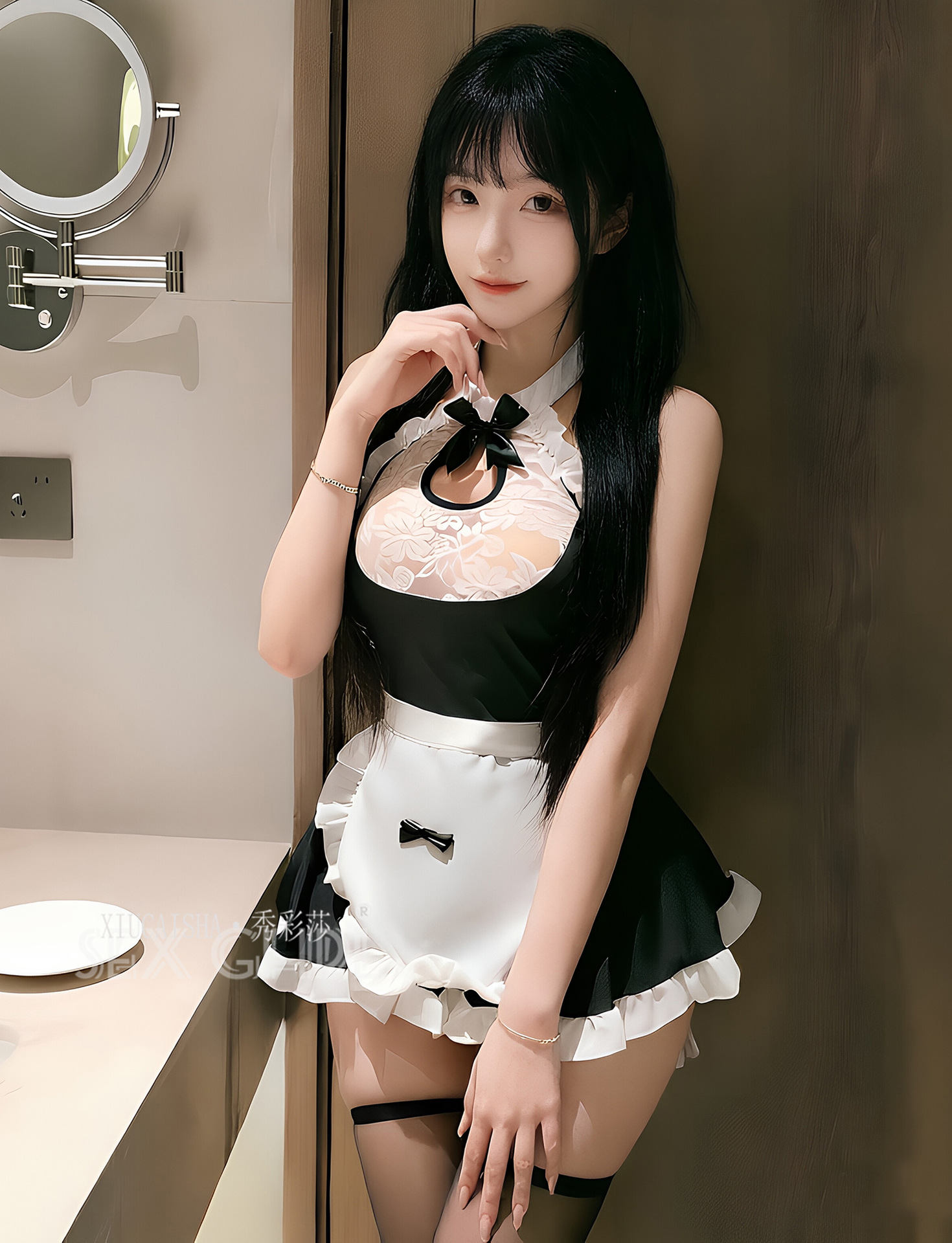 Maid Roleplay Lingerie Set with Lace See-Through Top, Cat Ear Headband and Stockings — detail image 9