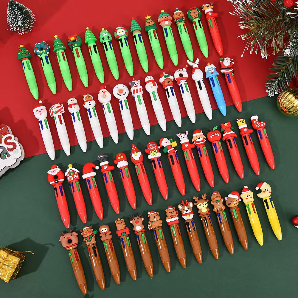 Cartoon Christmas Four-Color Ballpoint Pen Creative Mini Cute Press Ballpoint Pen Primary School Student Gift Pen Christmas Pen