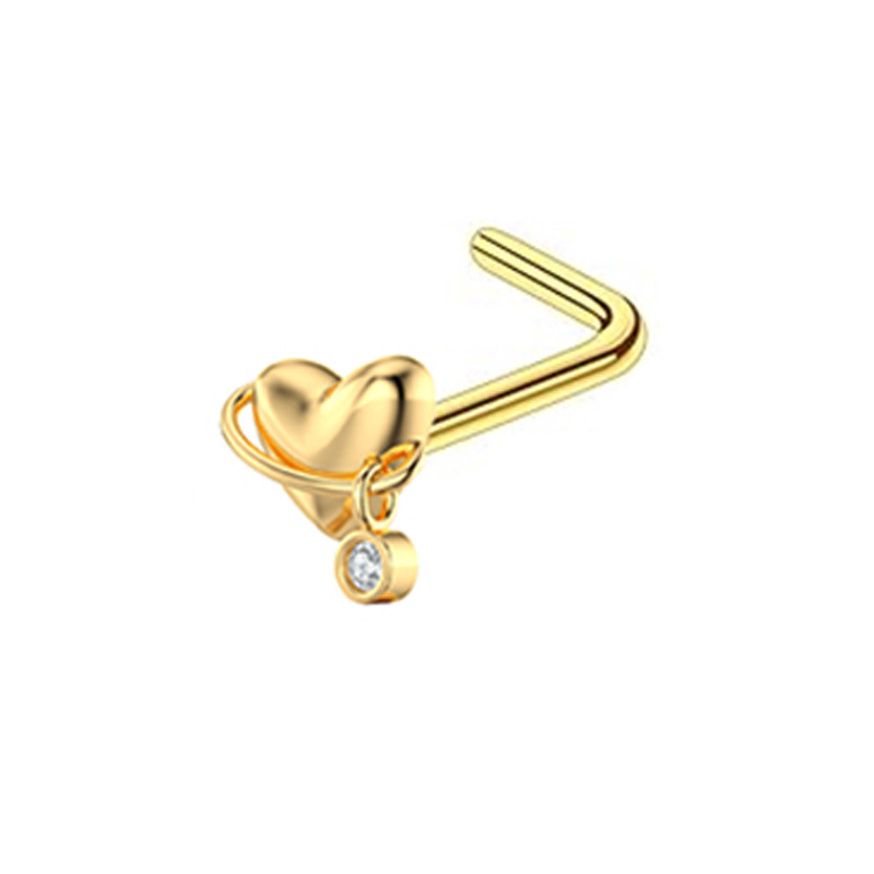 Stainless Steel Nose Stud With Zircon Stone L-shaped Piercing_voghion.com