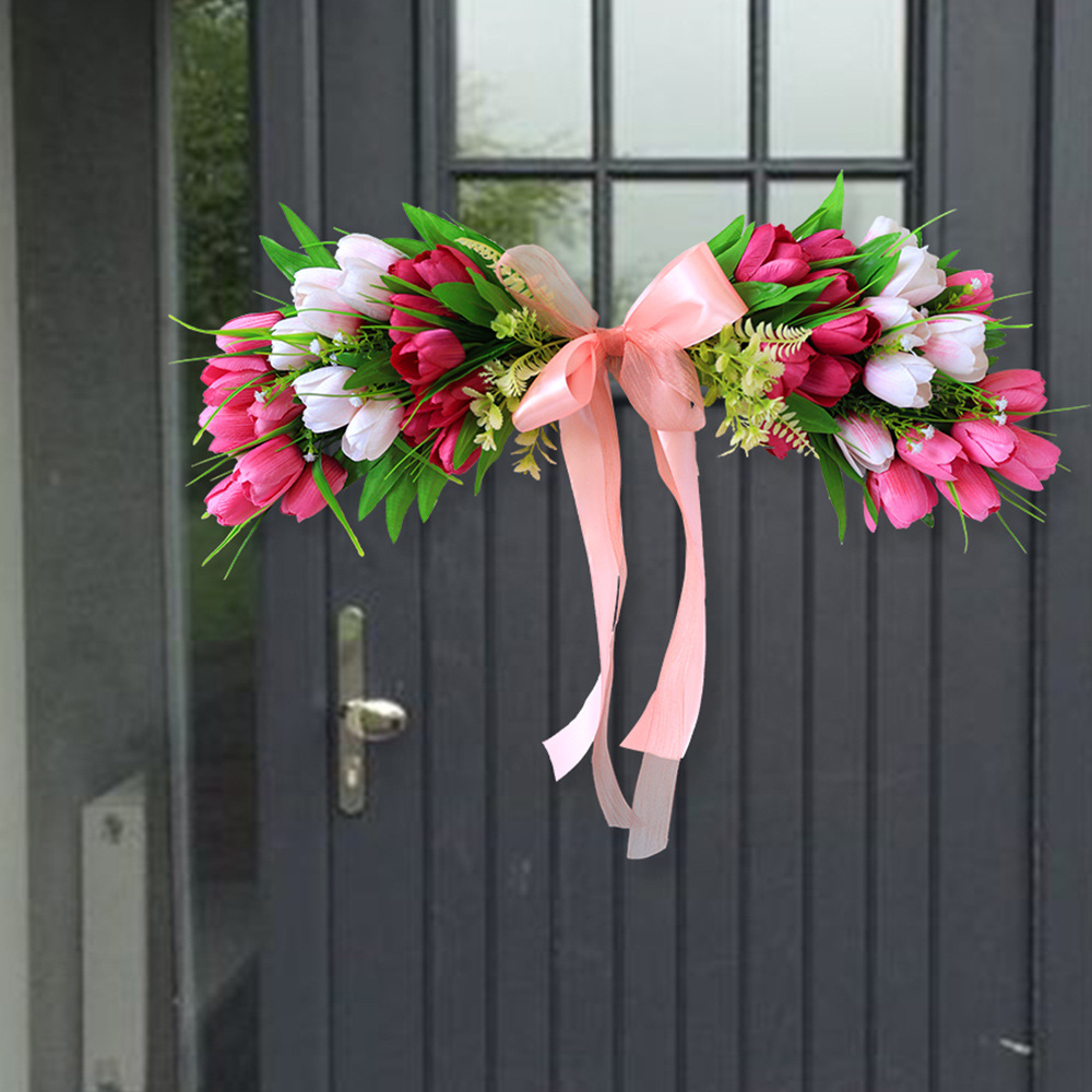 Tulipan transfronterizo puerta colgante flores de seda artificial flores verdes decoración de boda sensación colgante de pared