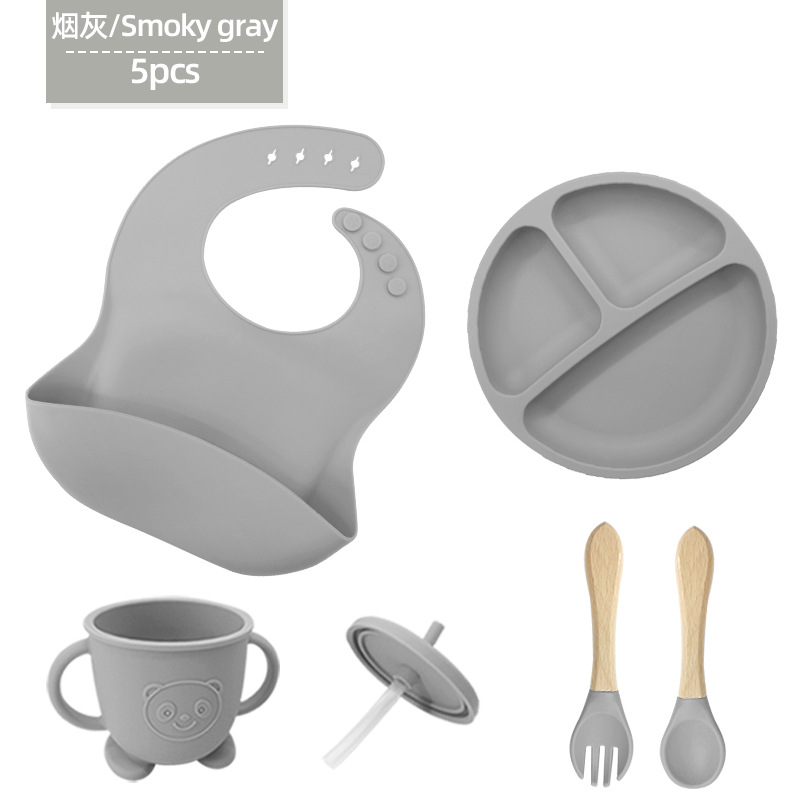 Vajilla de silicona para niños Juego de 6 piezas de silicona para bebés Tazón de alimentos complementarios separados Cuchara tenedor Taza para aprender a beber Juego de vajilla para madres y bebés