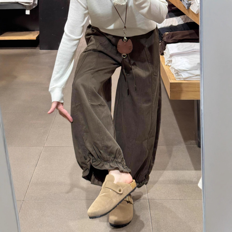 日系咖色木耳花苞休闲裤女秋季宽松显瘦减龄小个子垂感阔腿气球裤|undefined