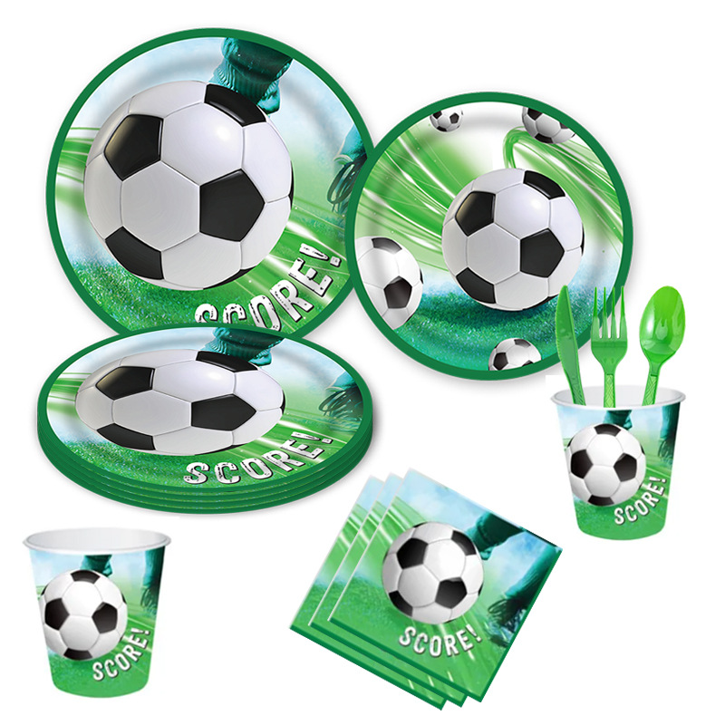 Juego de fiesta de cumpleaños para niños con tema de fútbol, vasos de papel desechables, bandejas de papel, manteles de papel, bandejas de papel para fiestas, platos