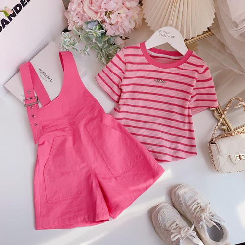 Hottest Trendy Girl's Summer Set 2024 New Children Striped Short Sleeve Girl's Stylish Overalls Two-Piece Set