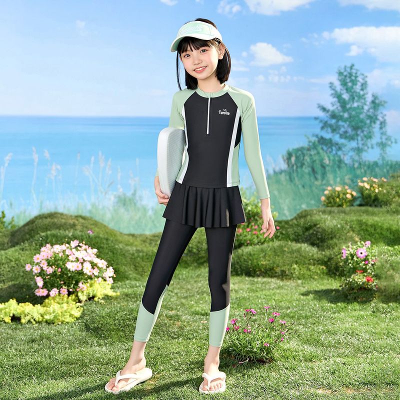 子供の水着の女の子の2025の新型の速乾の日焼け止めの長袖の分体の水着の中で大きい子供の女の子の水着の卸売り|undefined
