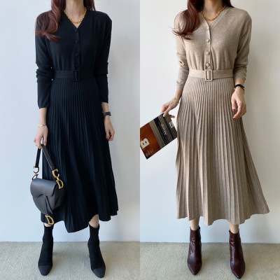 Knitted Dress 2026 Autumn New Style Elegant V-Neck Belt Mid-Length Solid Color Versatile Pleated Flared Skirt for Women Knitted Dress 2026 Autumn New Style Elegant V-Neck Belt Mid-Length Solid Color Versatile Pleated Flared Skirt for Women
