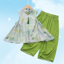 女童夏季旗袍裙人造棉新中式棉绸无袖两件套宝宝吊带国风汉服套装