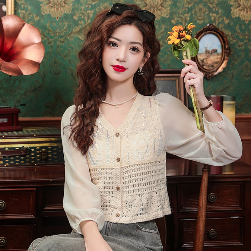 French V-Neck Tulle Chiffon Long-Sleeved Shirt Early Autumn Small Sun Protection Lace Shiny Short Casual Top French V-Neck Tulle Chiffon Long-Sleeved Shirt Early Autumn Small Sun Protection Lace Shiny Short Casual Top