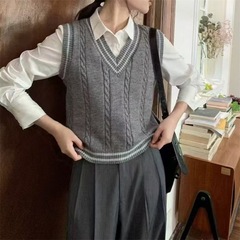 2025韩系跨境条纹麻花学院风针织马甲女叠穿百搭撞色毛衣背心女潮