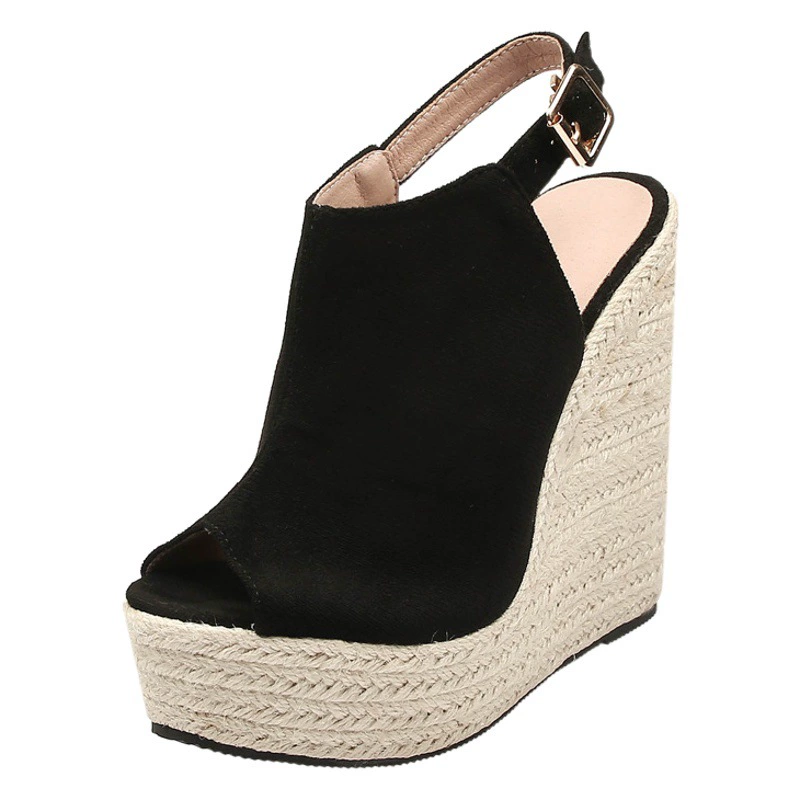 Европейский и американский 15 см высокий каблук Клин Платформа Высокий каблук коренастый пятки открытым носком сандалии с открытым носком соломы тканые пеньки веревки снизу трансграничной внешней торговли
