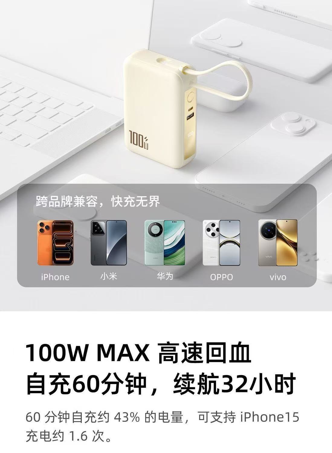 Cross-Border 100W Super Fast Charging 50000mAh Power Bank - High-Capacity Built-in Cable Compact Portable Mobile Power Supply