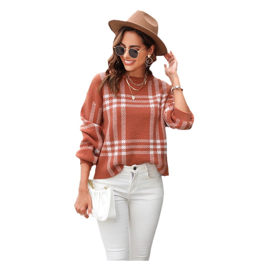 Suéter de Mujer Primavera 2025, Estilo Europeo y Americano, Diseño a Cuadros Grandes, Patchwork Informal, Moda, Cuello Redondo, Tejido de Punto image 1