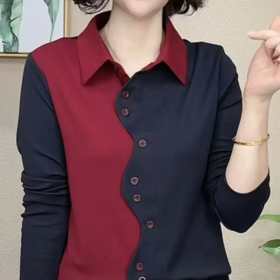 New Spring Style: Chic, Youthful, Slimming, and Flattering Color-Blocked Long-Sleeved Shirt Top for Mothers