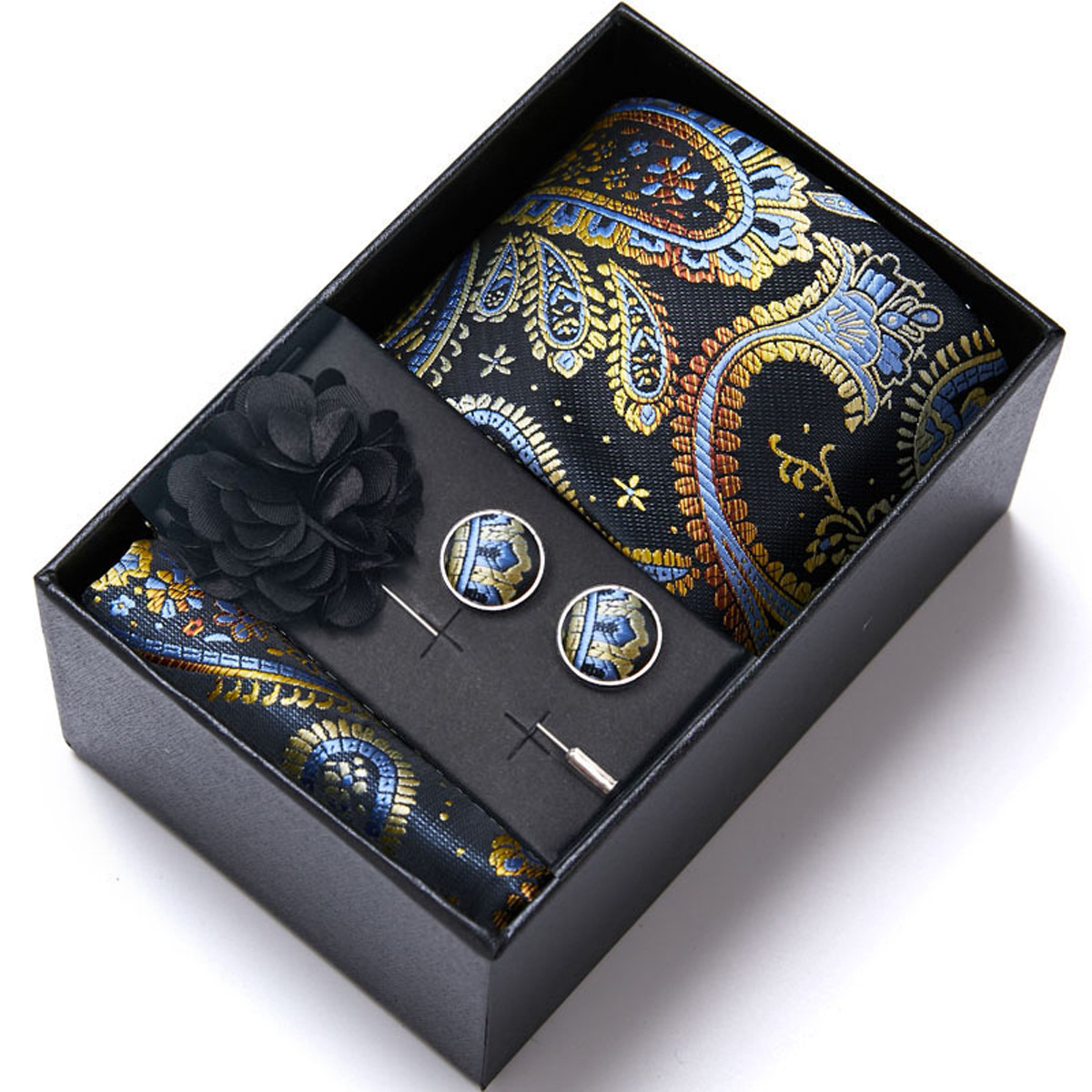 男性の新しい青いストライプのプリントネクタイのスカーフのカフスの胸の花のギフトボックスの包装の贈り物の佳品は祝日に適します。