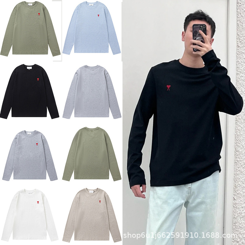 Ami Ancient Long-Sleeved T-Shirt Small Heart Embroidered Round Neck Bottoming Shirt Casual Loose Men's and Women's Tops
