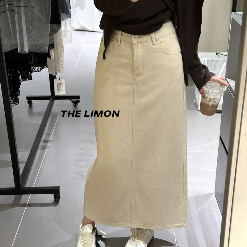 thelimon柠檬绿茶高腰显瘦直筒牛仔裙女2025秋季新款后开叉半身裙|undefined