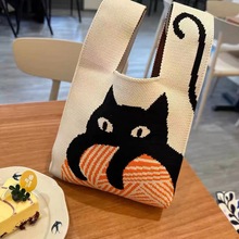 韩版撞色手提包女针织便携毛线包大容量猫咪手拎休闲百搭托特软包