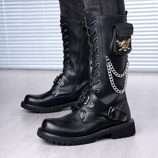 2025 Rock Boots High-Top Men's Leather Boots Skull Chain Lace-Up Cowboy Boots Thick-Soled Trendyy Stage Boots