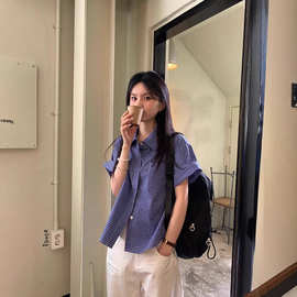 木木淘屋港风格纹短袖衬衫2024夏季新款小众休闲慵懒风衬衣上衣
