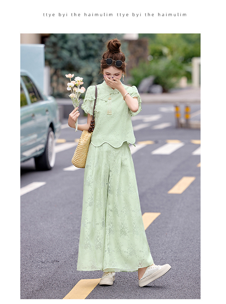 Bộ váy hai mảnh tay ngắn phong cách Trung Hoa cổ điển họa tiết jacquard mùa hè 2025 — Màu vàng be, Màu xanh lá chi tiết 16