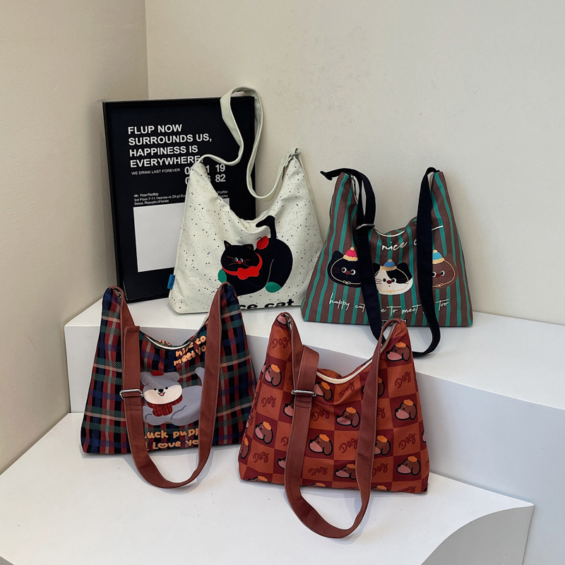 2025 Original New Animal Cat Printed Niche Large Capacity Shoulder Bag South Korea Cartoon Canvas Bag All-match Bag