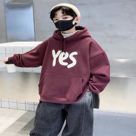 男童秋冬韩版运动加绒卫衣2025新款中大童印花连帽宽松百搭卫衣潮