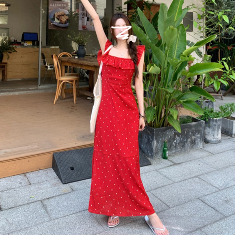 Small Fly Sleeves French Wave Dot Red Sling dress Children's Summer 2025 New Beautiful Long Dress for Seaside Vacation