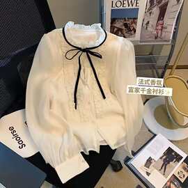 法式木耳边蝴蝶结雪纺衬衫女2023春新款设计感小众温柔风洋气衬衣