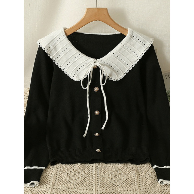 Contrast Color Doll Collar Knitted Bottoming Shirt for Women Autumn and Winter New Short Long-Sleeved Slim Slimming Look Top Women's Shirt
